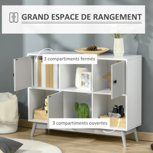 Bibliothèque meuble de rangement design scandinave 3 niches 3 portes panneaux particules blanc gris