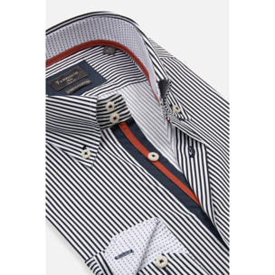 Camicia Uomo 2 Bottoni Button Down Slim Popeline Stretch Riga Stretta Bianco e Blu