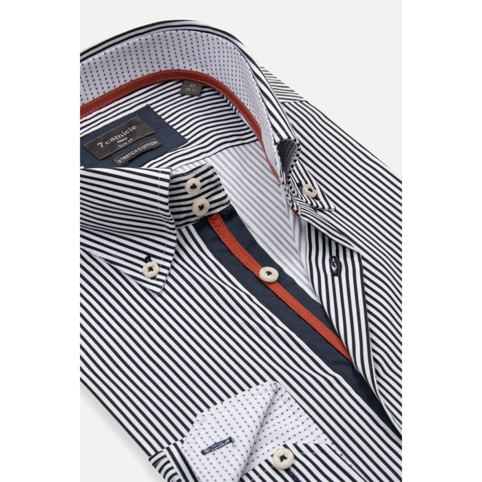 Camicia Uomo 2 Bottoni Button Down Slim Popeline Stretch Riga Stretta Bianco e Blu