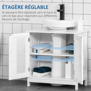 Meuble vasque - meuble sous-vasque - 2 portes rainurées avec étagère réglable - poignées alliage aluminium - dim. 60L x 30l x 60H cm - MDF blanc