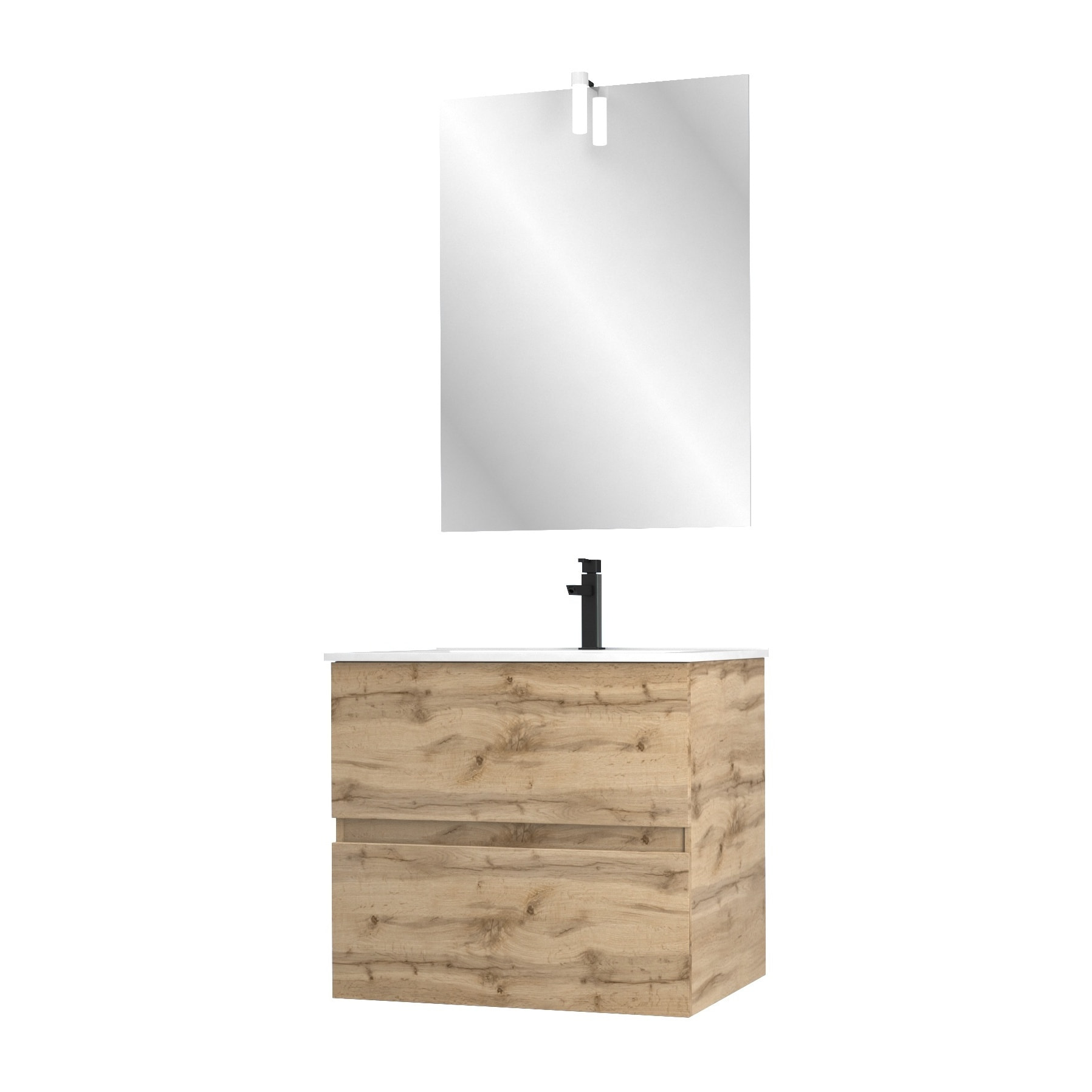 Pack Meuble SDB 60cm suspendu 2 tiroirs Chene_Vasque blanche + Miroir Led - TIMBER 60_Pack31