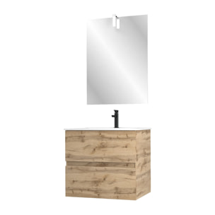 Pack Meuble SDB 60cm suspendu 2 tiroirs Chene_Vasque blanche + Miroir Led - TIMBER 60_Pack31