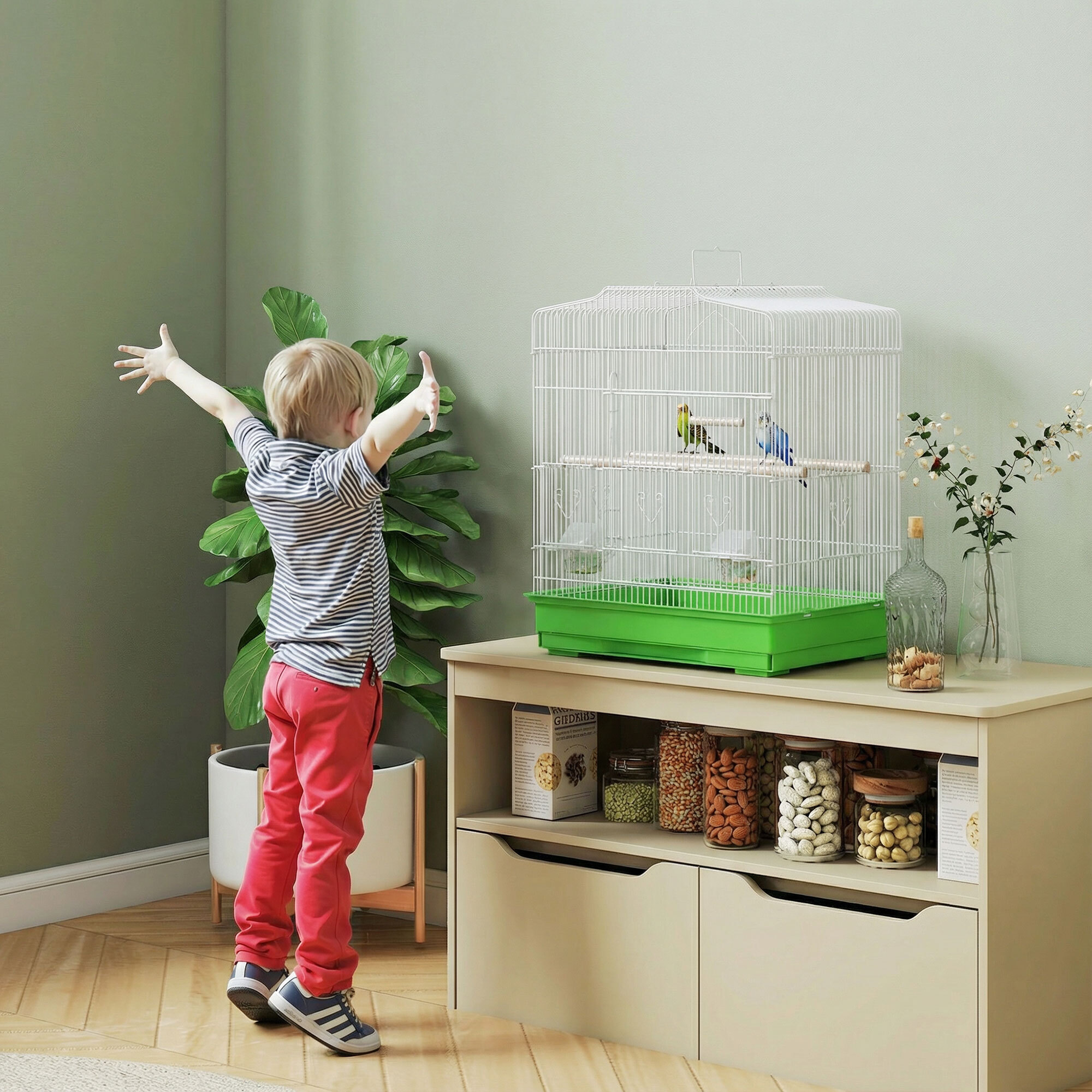 Jaula para Pájaros, Jaula de Acero para Pájaros con Puertas, 2 Comederos, 2 Perchas, Columpio, Bandeja Extraíble y Asa de Transporte, para Loro, Canario, Periquito, 46,5x36x59 cm, Verde