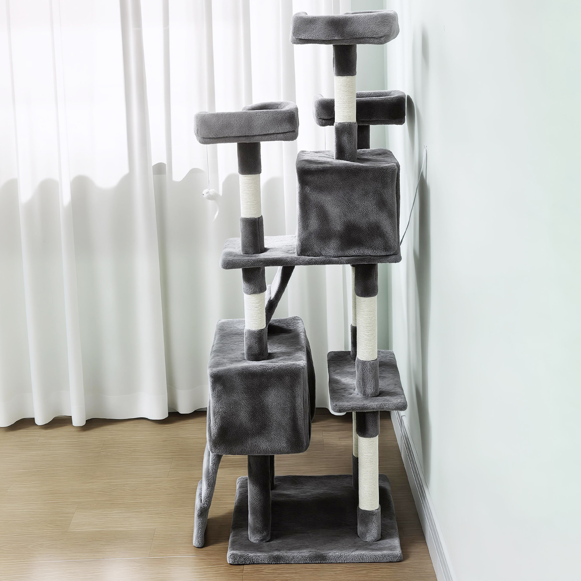 Árbol Rascador para Gatos, Árbol para Gatos 153 cm, Torre Escalador con 2 Cuevas, 3 Camas, 2 Rampas, Postes de Sisal, 2 Ratones Colgantes, Gris