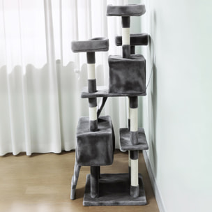 Árbol Rascador para Gatos, Árbol para Gatos 153 cm, Torre Escalador con 2 Cuevas, 3 Camas, 2 Rampas, Postes de Sisal, 2 Ratones Colgantes, Gris