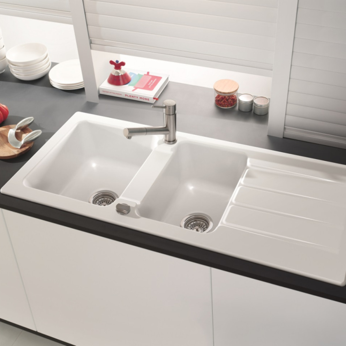 Evier 1 bac et demi 116 x 51 cm Architectura 80 Blanc vidage automatique inclus