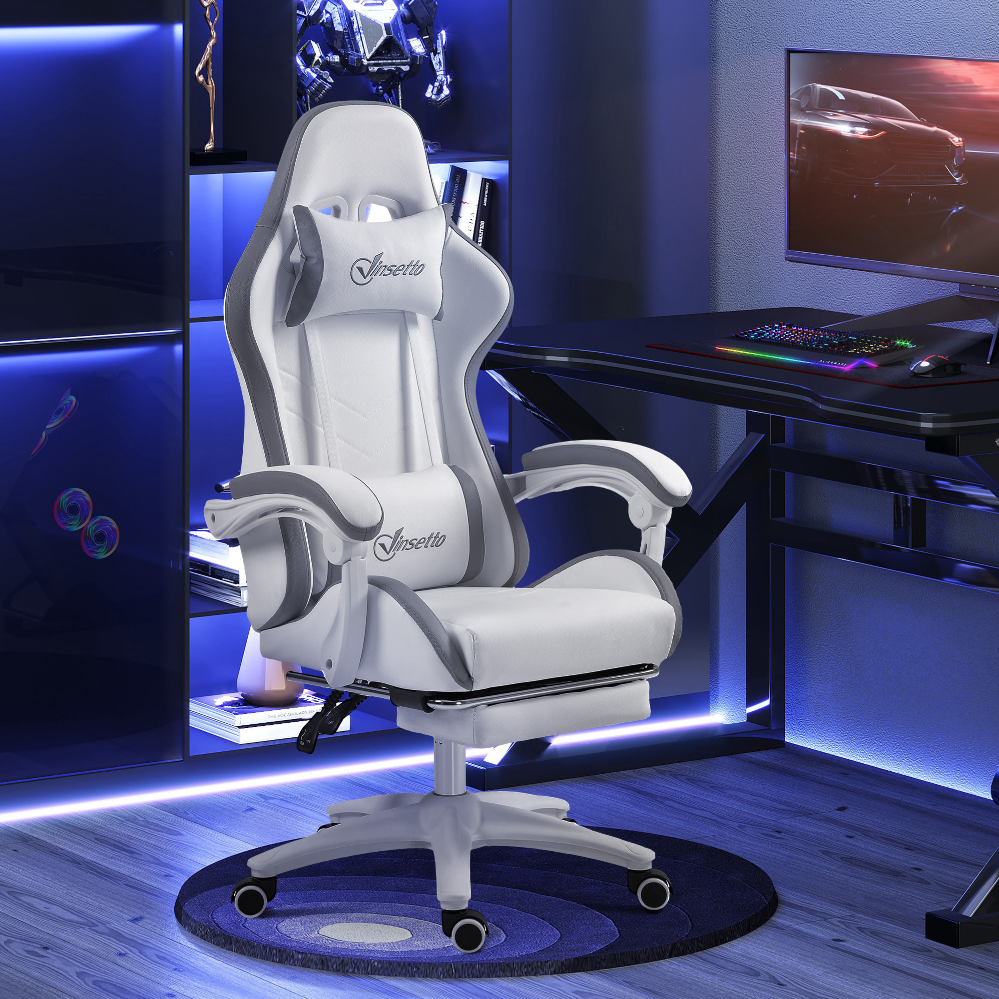 Chaise de bureau gaming - inclinable, pivotant, réglable - coussins lombaires têtière inclus - gris blanc