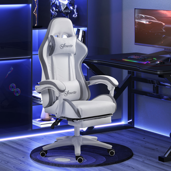 Chaise de bureau gaming - inclinable, pivotant, réglable - coussins lombaires têtière inclus - gris blanc