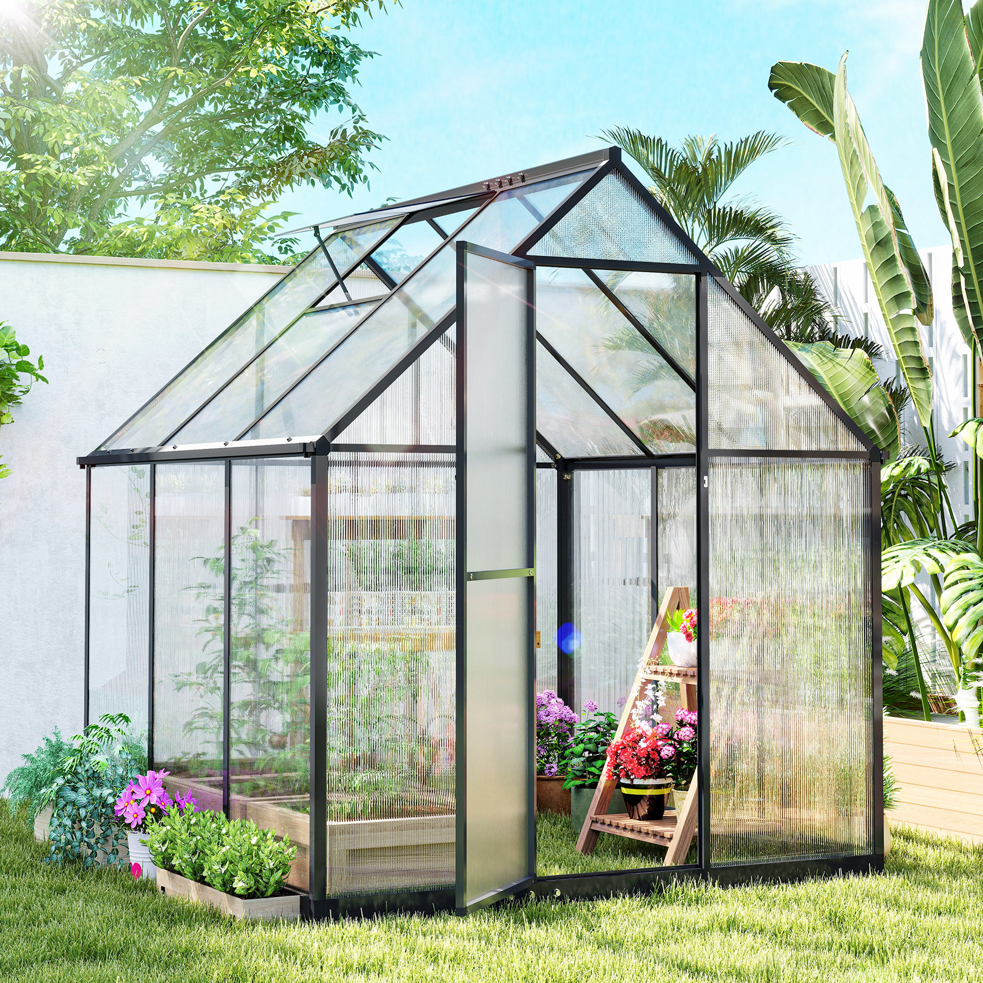 Serre de jardin alu polycarbonate - porte, lucarne - 1,78 x 1,68 x 1,95 m - noir