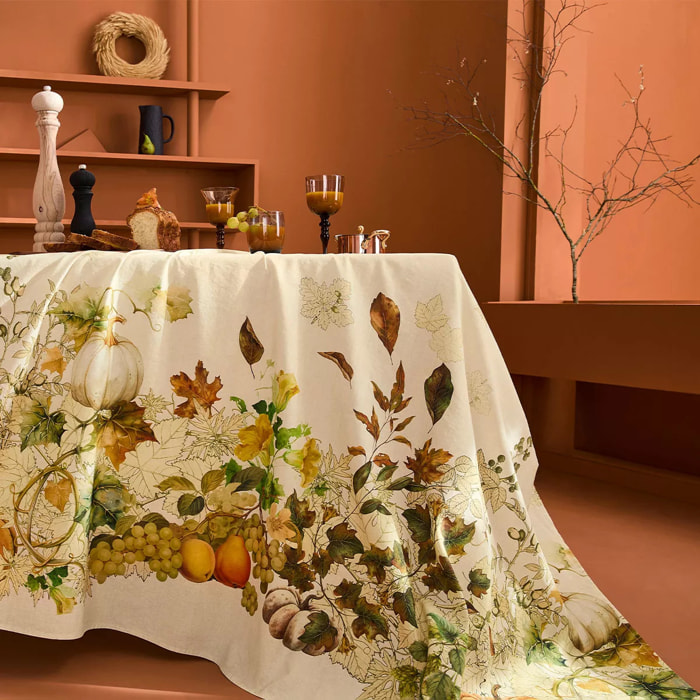 Nappe lin & coton lavé 190 g/m² imprimé beige orange Delices d'automne potiron
