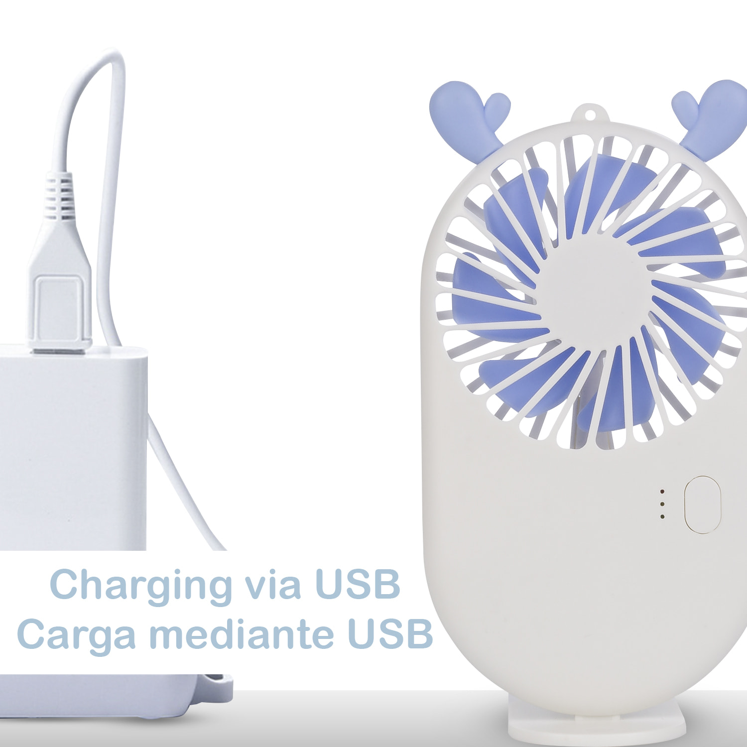 Mini ventilatore portatile con batteria da 800mAh. Supporto per tavolo.