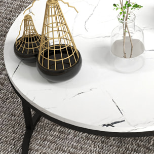 Lot de 2 tables basses rondes gigognes empilables piètement acier noir plateau aspect marbre blanc