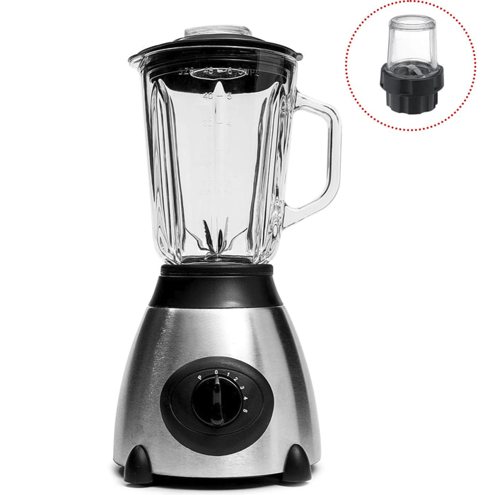 Batidora 2 en 1 de vaso 1,5L acero inoxidable . Jarra de cristal, 1500W, cuchillas de acero inox, pica hielo, Smoothies, zumos. 5 velocidades. Vaso auxiliar.