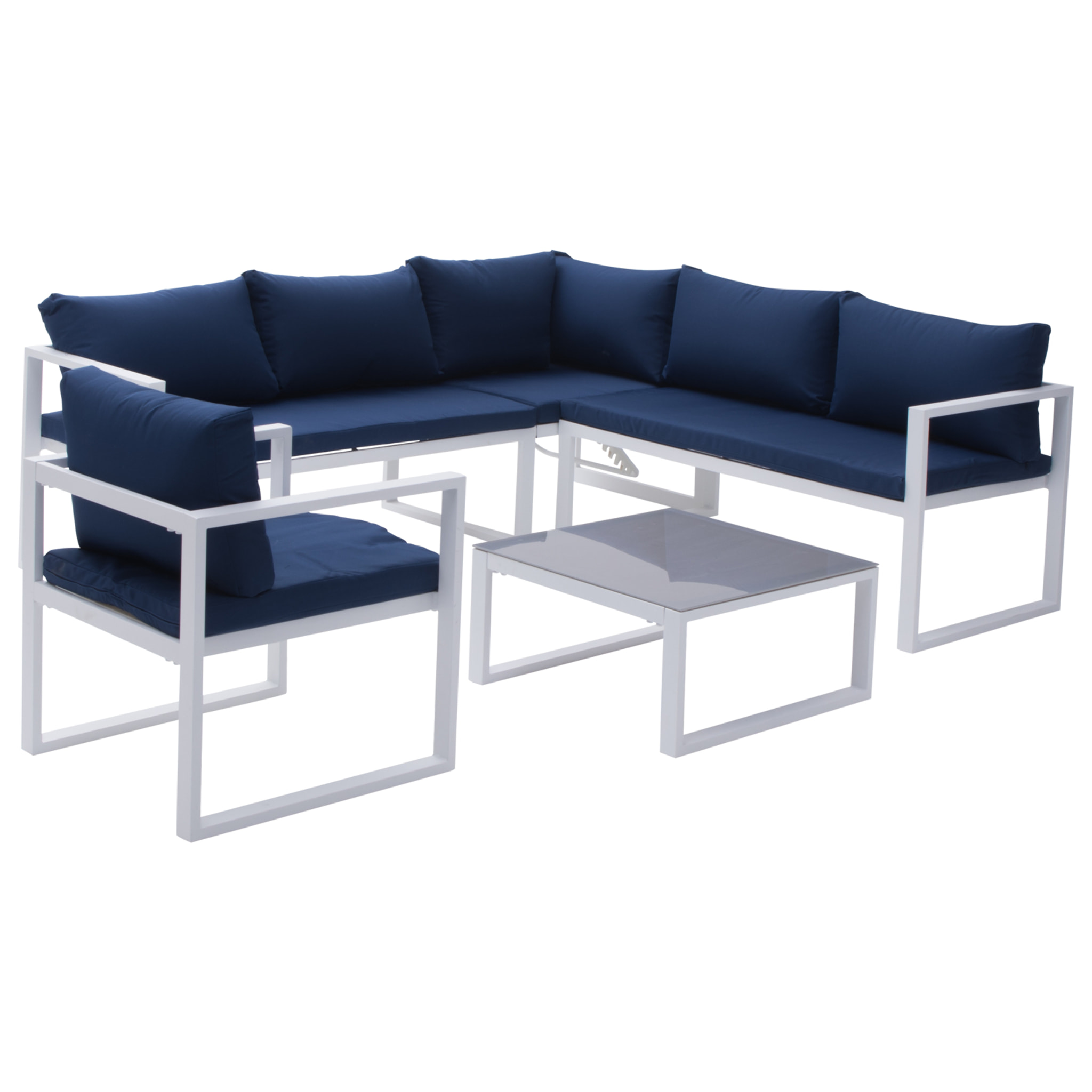 Salon de jardin modulable IBIZA en tissu bleu 7 places - aluminium blanc