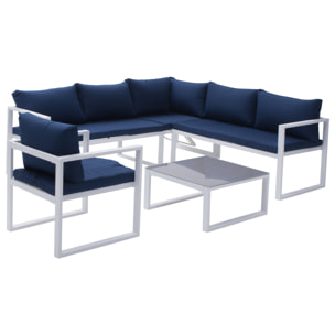 Salon de jardin modulable IBIZA en tissu bleu 7 places - aluminium blanc
