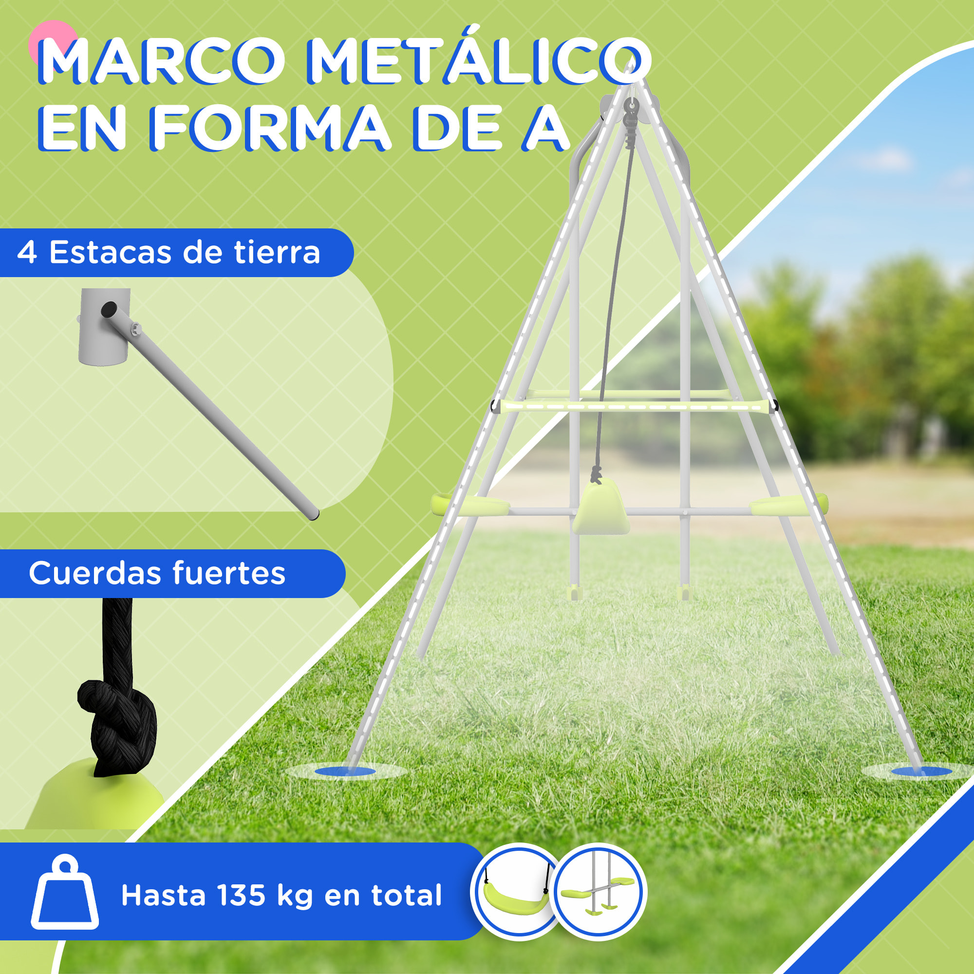 Columpio para Niños Columpio Jardín Exterior con 1 Columpio Simple 1 Planeador y Anti-UV Columpio Infantil Carga 135 kg 255x160x180 cm Gris y Verde