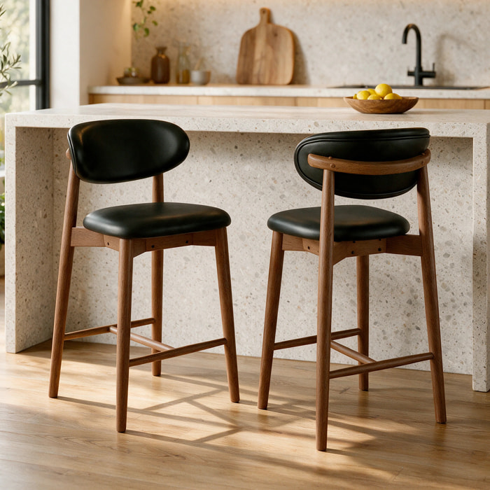 Lot de 2 chaises pour ilot central 64,5 cm en cuir synthétique noir - Yuna