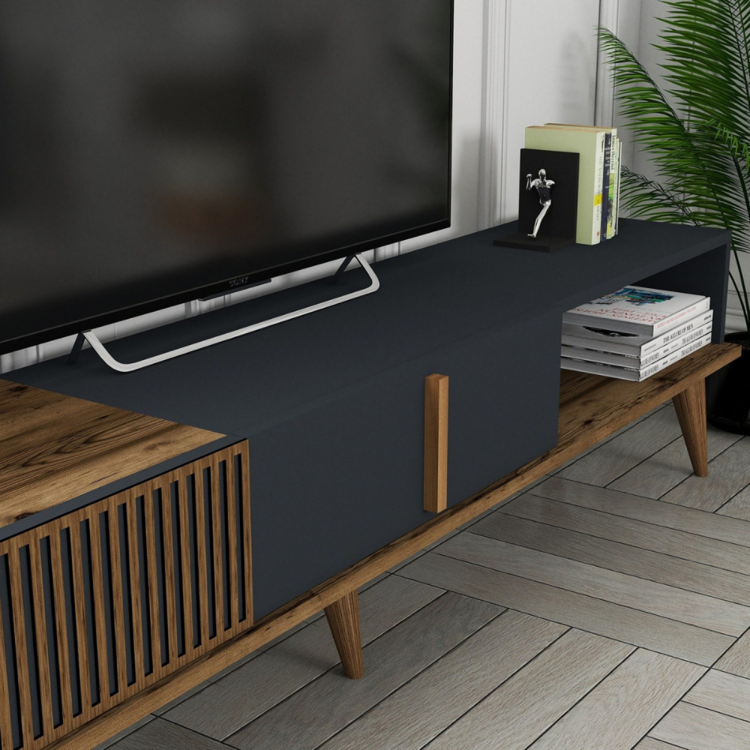 Meuble TV design bois et anthracite 180 cm LAON