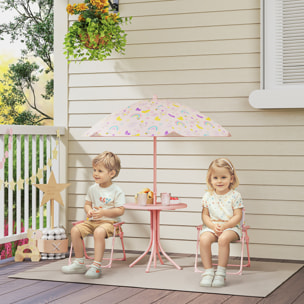 Conjunto de Mesa y Sillas Infantil de Jardín de 4 Piezas Mesa Infantil con Sillas Plegables Sombrilla Ajustable Diseño de Arcoíris para Patio Pícnic Rosa