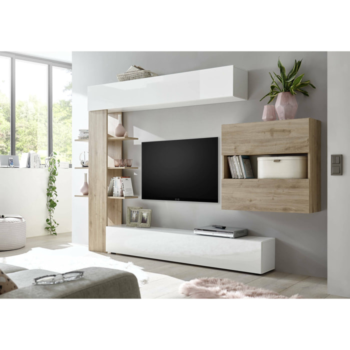 Parete attrezzata da soggiorno reversibile, Made in Italy, Mobile porta TV, Set salotto moderno, cm 295x30h197, colore Bianco lucido e Rovere