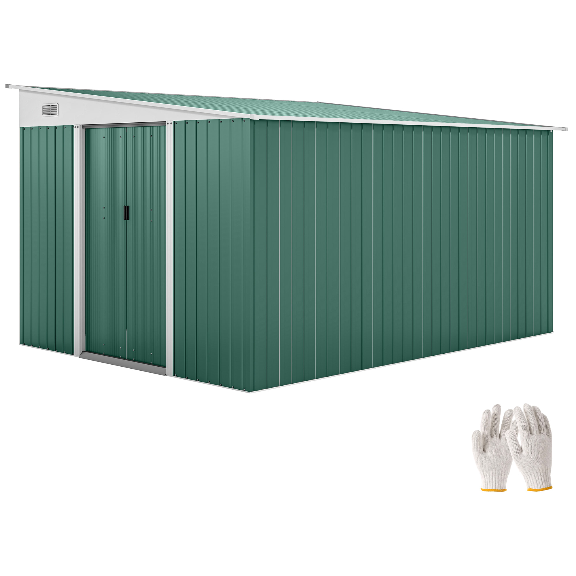 Cobertizo de Jardín Exterior 8,9 m² 280x345x201 cm Caseta de Jardín Exterior Metálica con 2 Puertas Corredizas y 2 Ventanas para Almacenamiento de Herramientas Verde