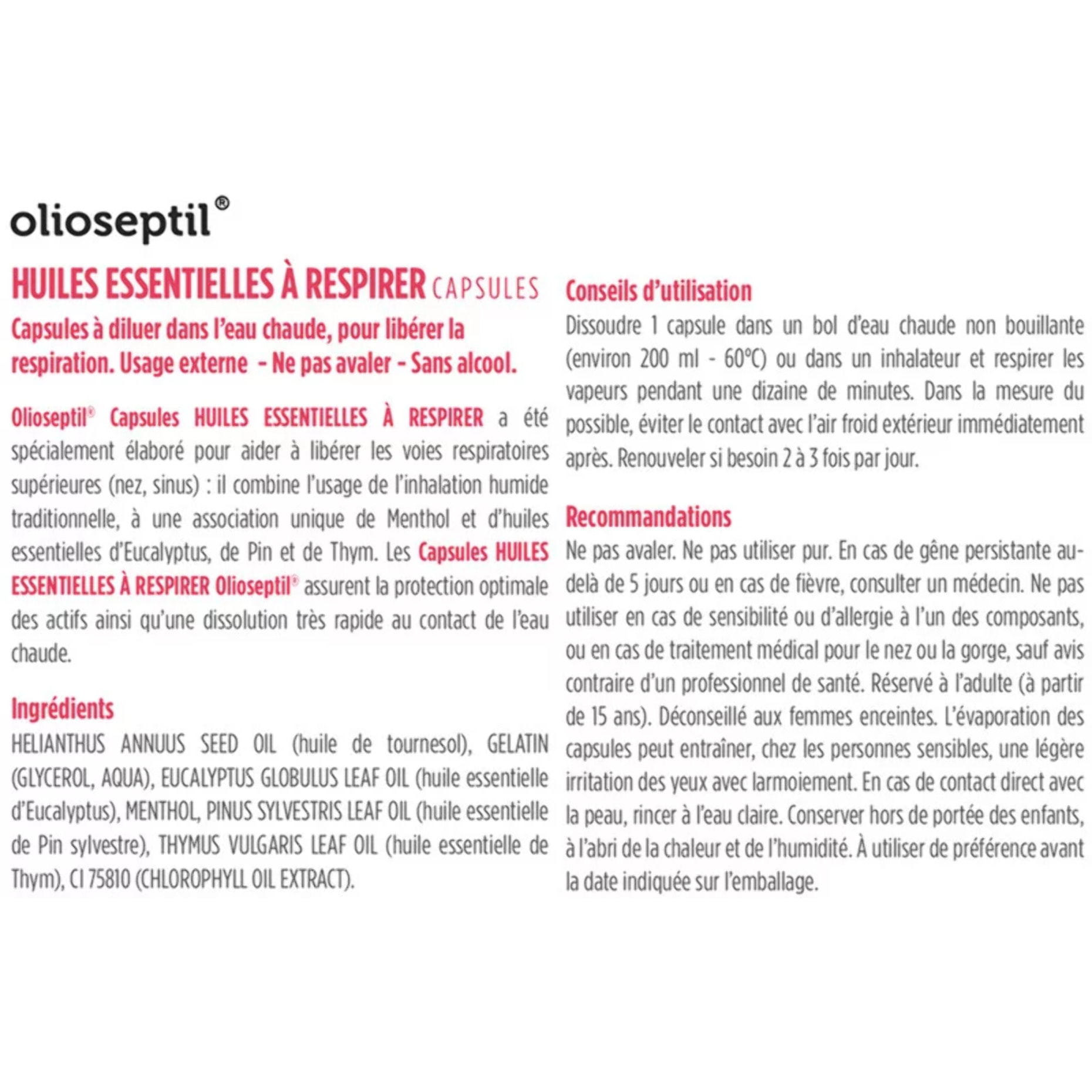 OLIOSEPTIL® - Capsules huiles essentielles à respirer - Pour inhalation - Association de menthol et d'huiles essentielles 100% pures naturelles et chemotypées - Sans alcool -15 capsules