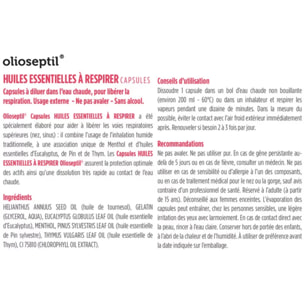 OLIOSEPTIL® - Capsules huiles essentielles à respirer - Pour inhalation - Association de menthol et d'huiles essentielles 100% pures naturelles et chemotypées - Sans alcool -15 capsules