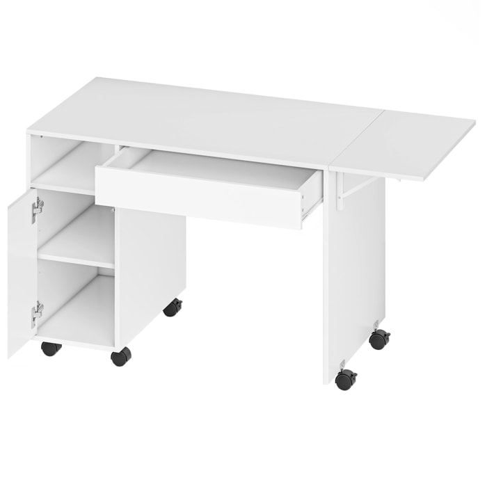Bureau informatique mobile extensible - tiroir, niche, porte, étagère - blanc