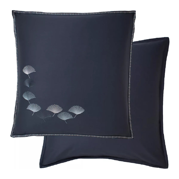 Taie d'oreiller satin de coton brodé bleu Pistil bleu nuit