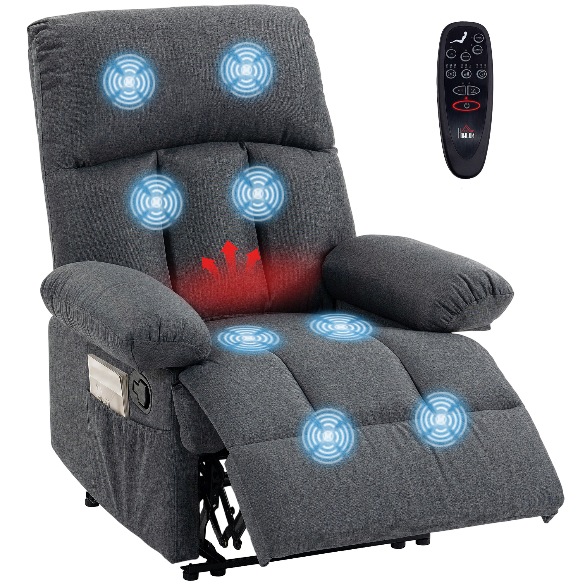 Sillón de Masaje, Sillón Relax Reclinable con 8 Puntos de Masaje, Función Calefacción Lumbar, Mando a Distancia, Asiento con Muelles, Bolsillos Laterales, Tejido Efecto Lino, Gris Oscuro