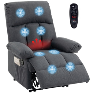 Sillón de Masaje, Sillón Relax Reclinable con 8 Puntos de Masaje, Función Calefacción Lumbar, Mando a Distancia, Asiento con Muelles, Bolsillos Laterales, Tejido Efecto Lino, Gris Oscuro