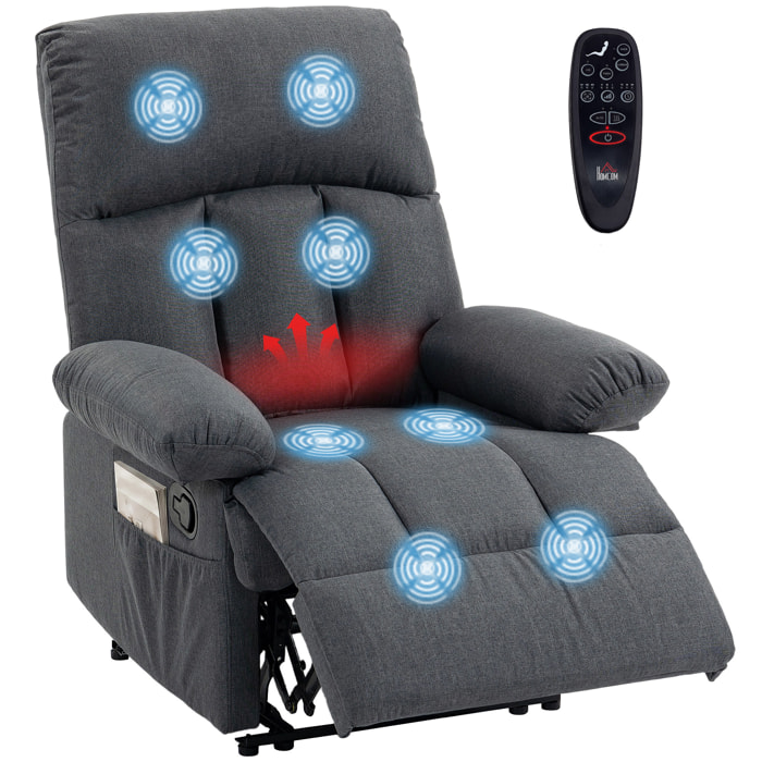 Sillón de Masaje, Sillón Relax Reclinable con 8 Puntos de Masaje, Función Calefacción Lumbar, Mando a Distancia, Asiento con Muelles, Bolsillos Laterales, Tejido Efecto Lino, Gris Oscuro