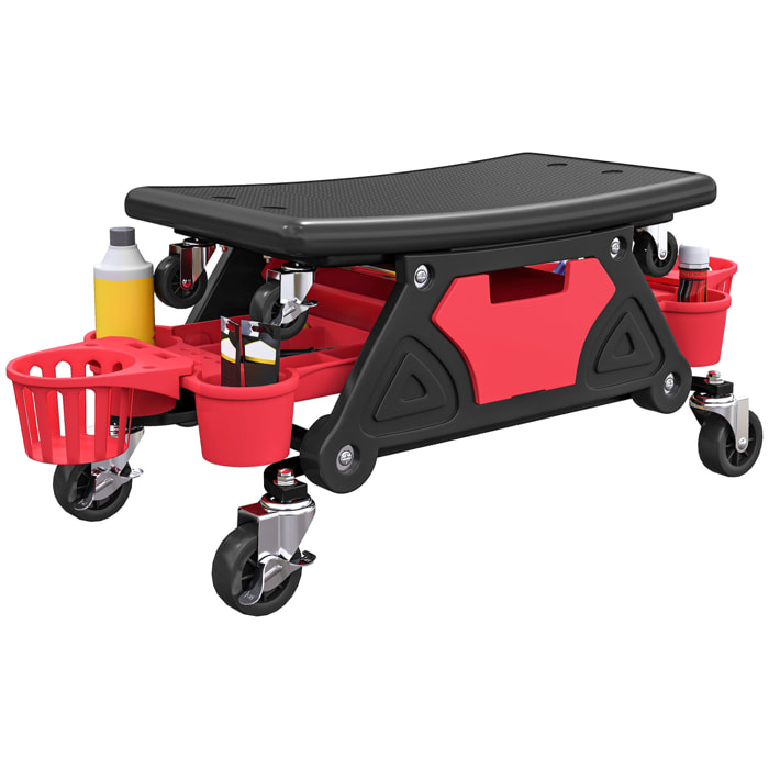 Taburete de Taller Giratorio con Ruedas Altura Ajustable Asiento Taburete para Mecánico con 2 Bandejas para Herramientas Portavasos Cajón Carga 135 kg para Garaje Reparación de Automóviles Rojo
