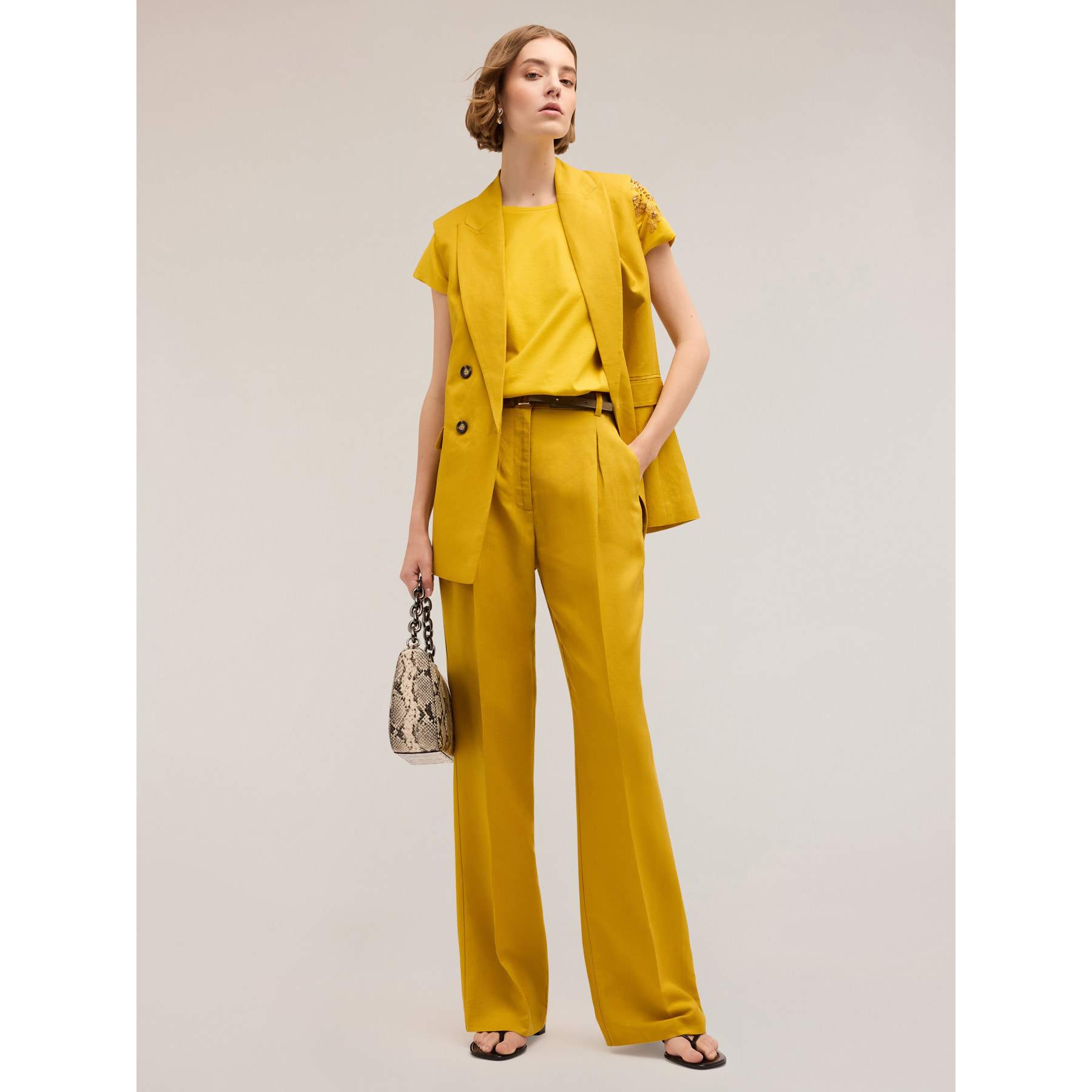 Motivi - Pantalones modelo palazzo con pinzas de lino y viscosa - Amarillo