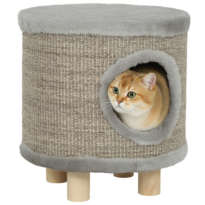 Casa para Gatos 3 en 1 Taburete, Reposapiés, Cama para Gatos con Rascador, Patas de Madera y Pluma Colgante, Cueva para Interior, 36x36x38 cm, Gris
