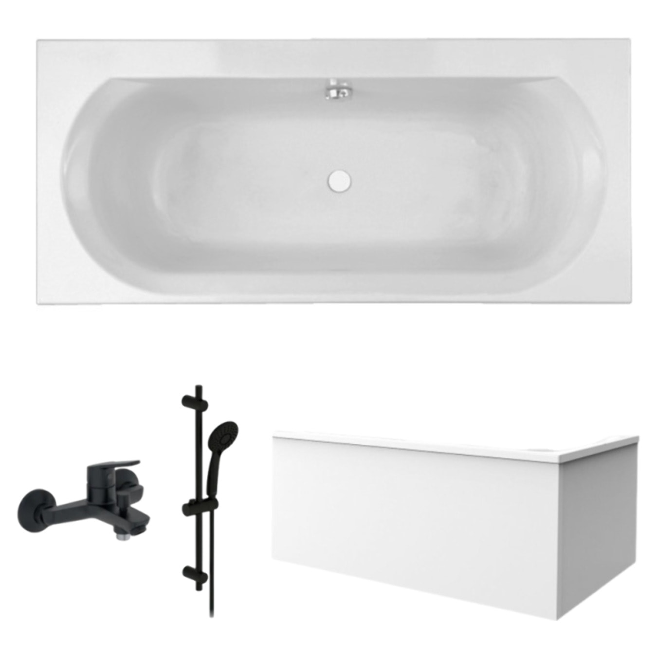 Pack baignoire droite 180 x 80 Elise + tablier angle + pommeau et mitigeur bain noir mat Aimé + vidage
