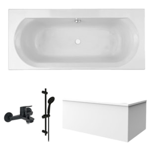 Pack baignoire droite 180 x 80 Elise + tablier angle + pommeau et mitigeur bain noir mat Aimé + vidage
