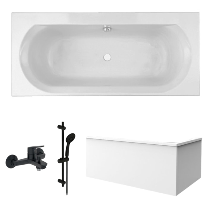 Pack baignoire droite 180 x 80 Elise + tablier angle + pommeau et mitigeur bain noir mat Aimé + vidage