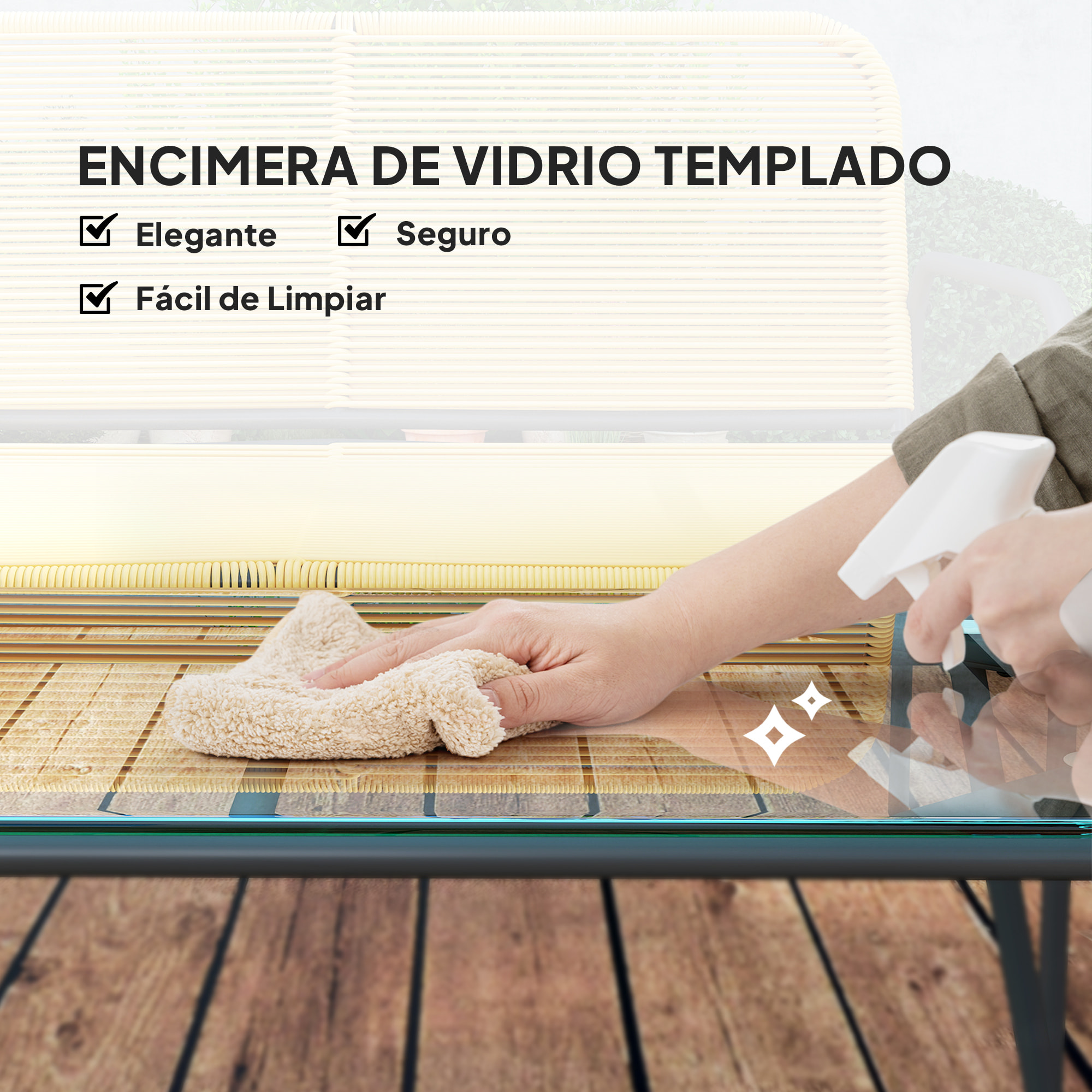 Conjunto Jardín Exterior de Ratán Conjunto Terraza Resistente a la Intemperie Muebles Jardín Exterior con 2 Sillones Sofá de 2 Plazas y Mesa de Tablero de Vidrio Templado Natural