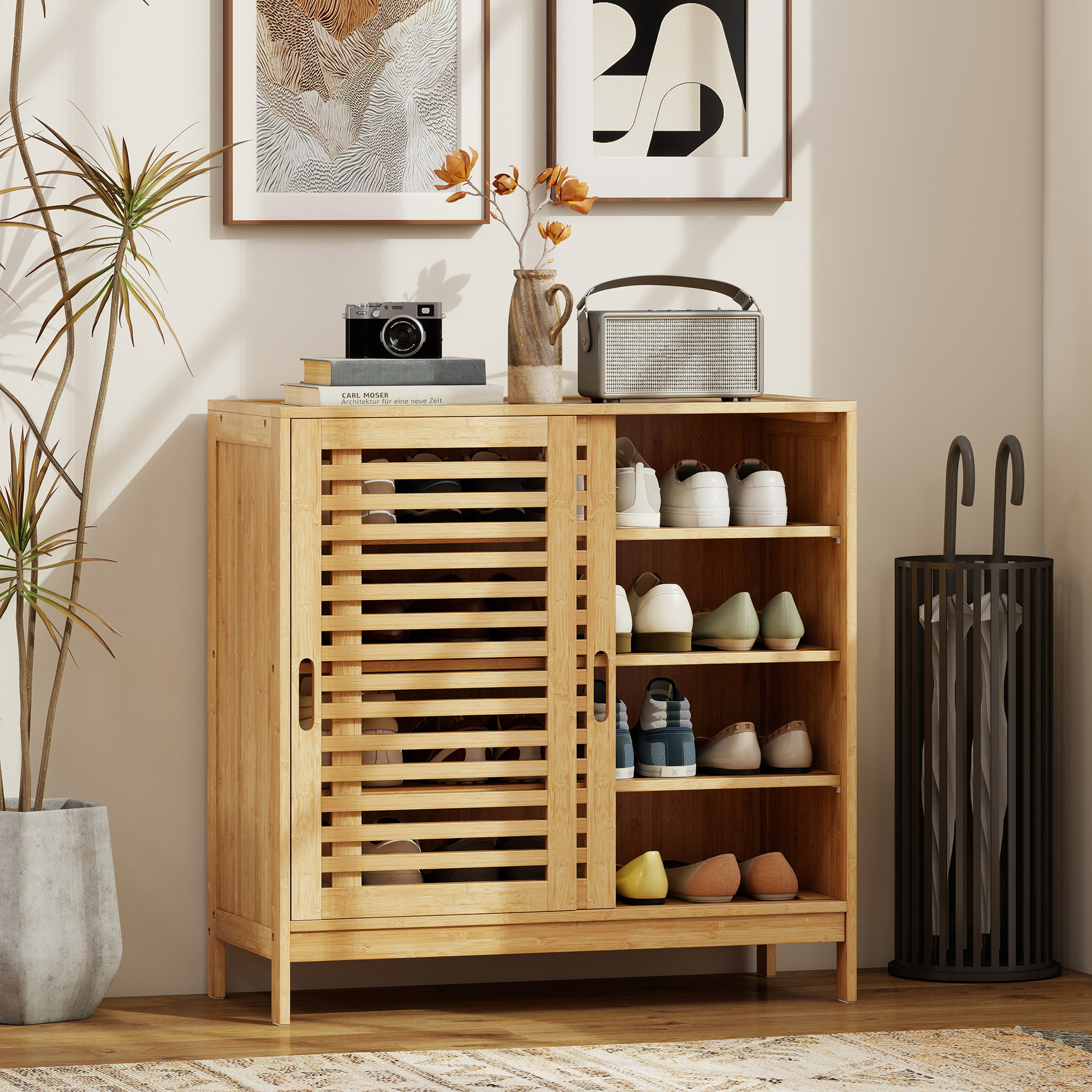 Zapatero de Bambú con 2 Puertas Correderas de Lamas, Zapatero Entrada Recibidor con Estantes Ajustables, para 16 Pares de Zapatos, 80x35x80 cm, Natural