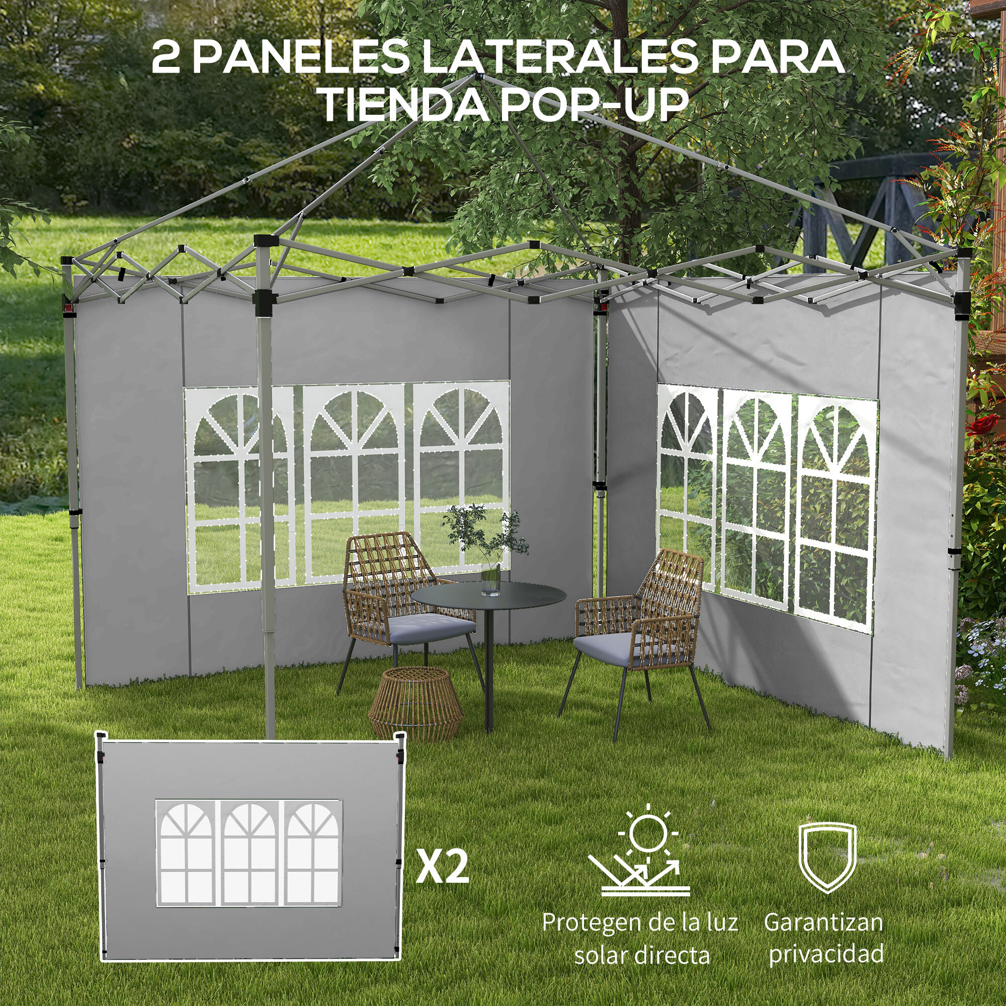 2 Paredes Laterales para Carpas de 3 x 3 / 3 x 4 m, 295x195 cm, Paredes Laterales de Repuesto para Cenador de Tela Oxford con Ventana, para Jardín, Exteriores, Fiestas, Gris Claro