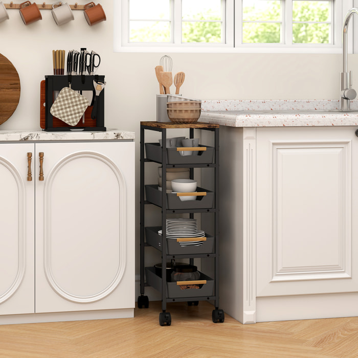 Carro de Cocina de Almacenamiento de 5 Niveles Carrito Auxiliar con Ruedas Tablero Efecto Madera y 4 Cajones Extraíbles Carrito de Cocina para Comedor Salón 39,5x24x82 cm Negro