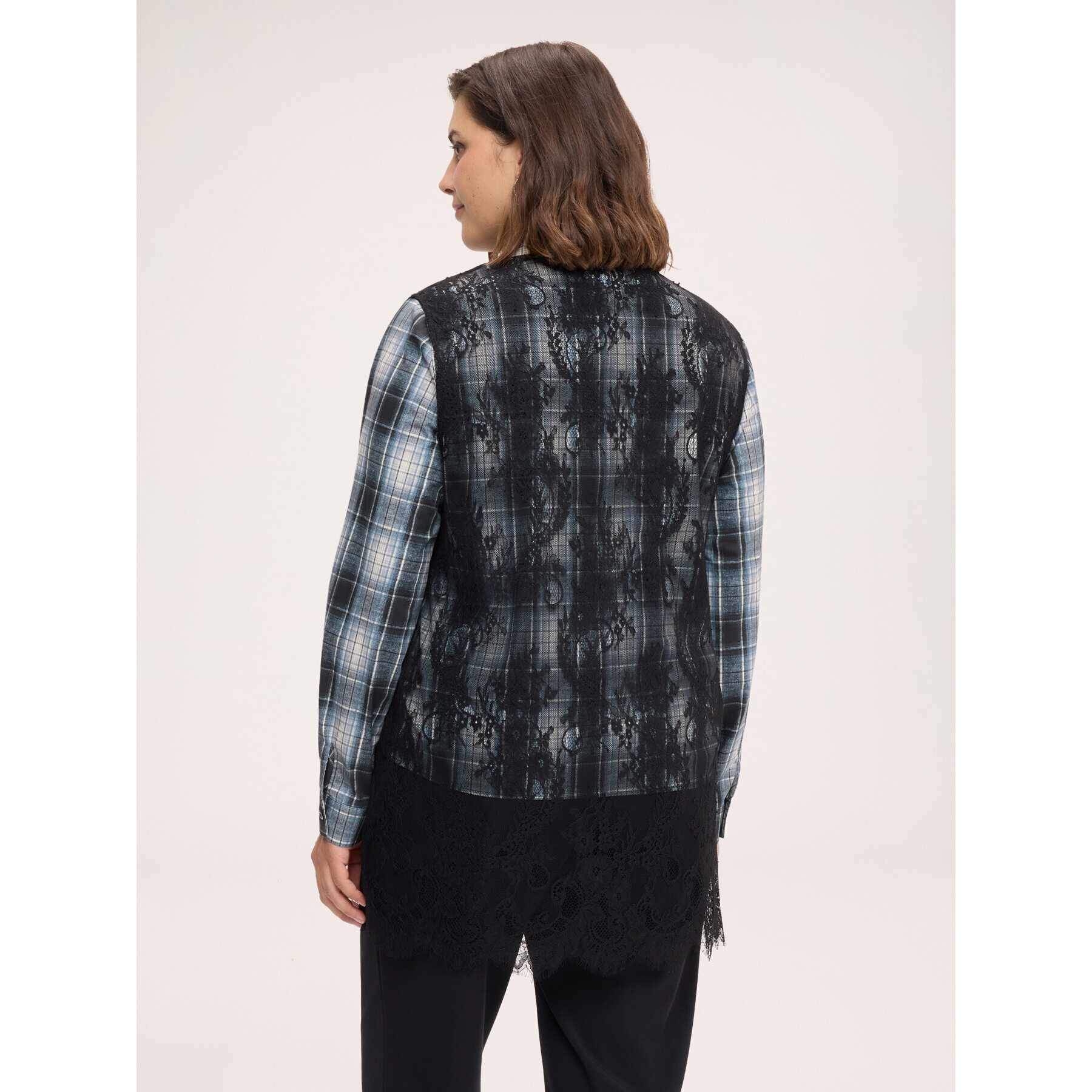Fiorella Rubino - Camicia check con inserti in pizzo floreale - Nero