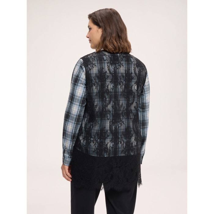 Fiorella Rubino - Camicia check con inserti in pizzo floreale - Nero