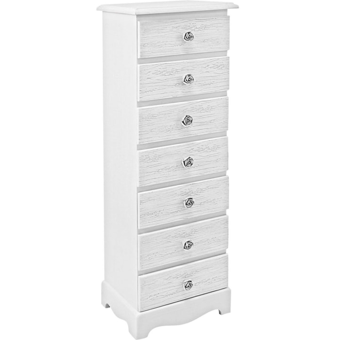 Cassettiera BLANC in legno bianco e 7 cassetti effetto decapato, 29x23x89 cm