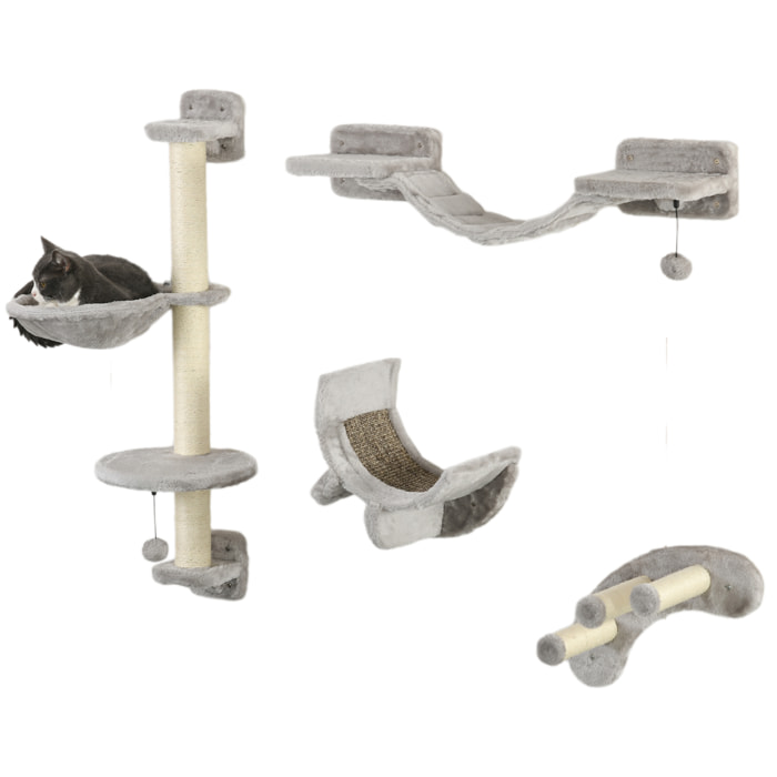 Juego de Estanterías para Gatos de 4 Piezas Rascador de Pared para Gatos con Hamaca Postes Rascadores Escalera Blanda Plataformas Gris