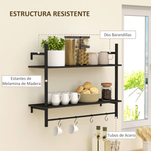 Estante de Pared de 2 Niveles Estante Flotante Repisas de Pared con 4 Ganchos 2 Estantes y Marco de Acero para Entrada Salón Dormitorio 80x24x65 cm Negro