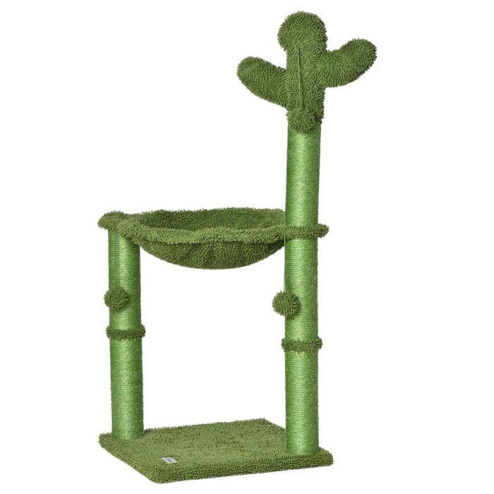 Arbre à chat griffoirs design cactus - hamac, 3 jouets pompons suspendus - panneaux peluche sisal vert