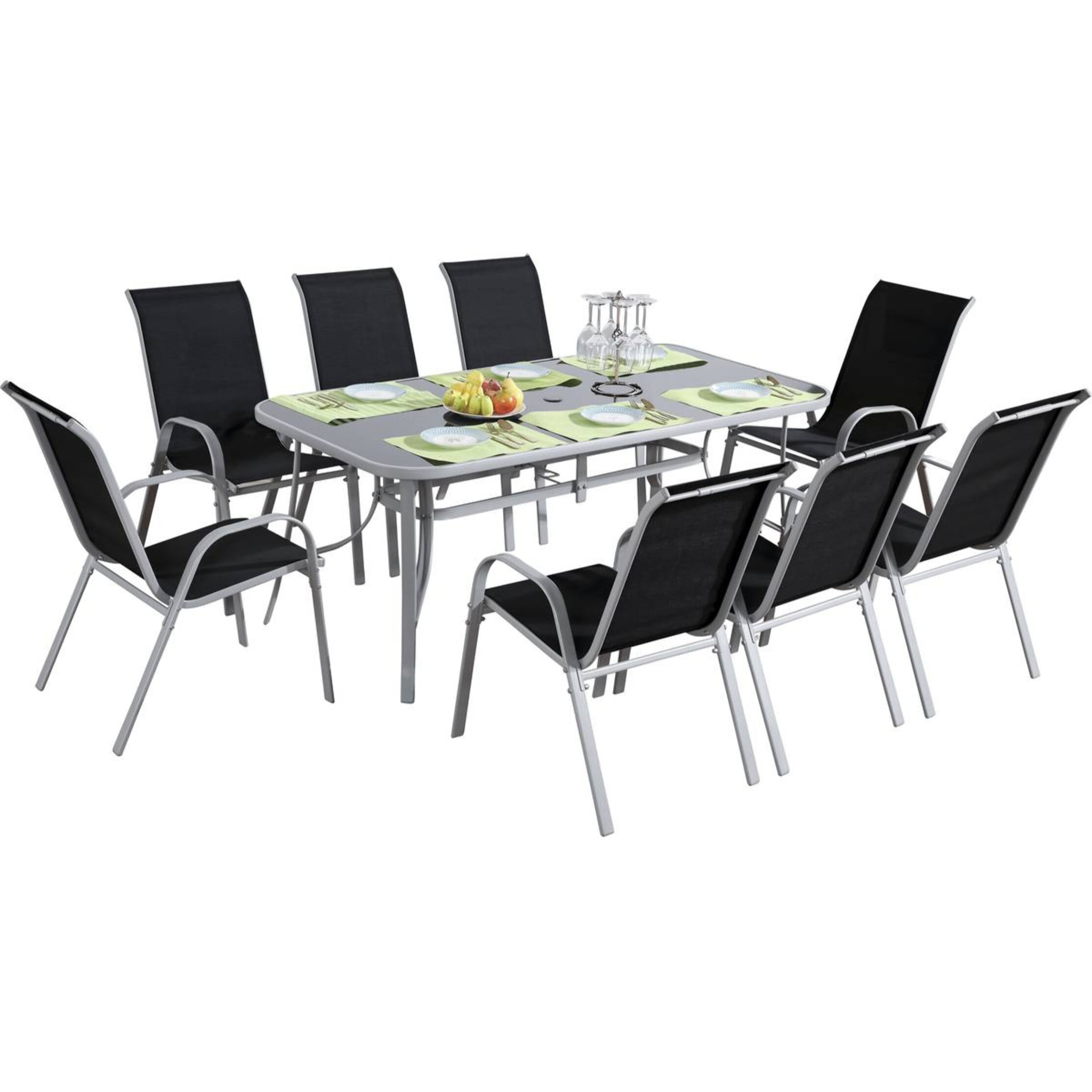 Table et chaises de jardin en textilène "Cordoba XL 180" - Phoenix - 8 places - Noir