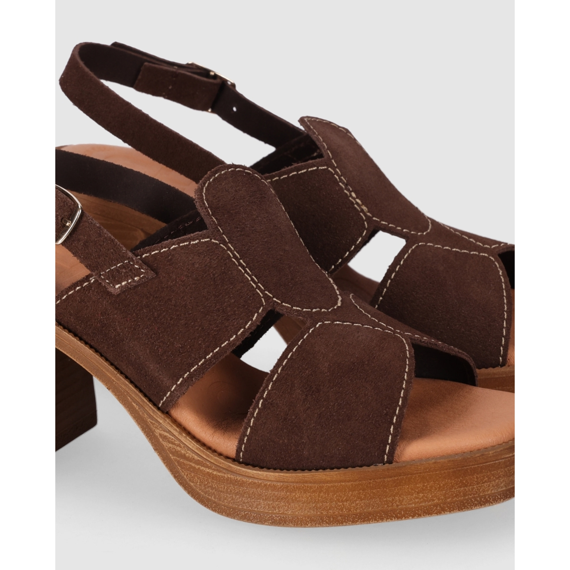 Sandalias de Serraje - Marron - Tacón: 8 cm